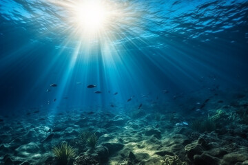 Mystical Deep Blue: Stunning Underwater Beauty and Radiant Light. Ai generated.