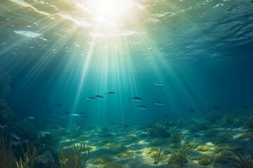 Fototapeta na wymiar Mystical Deep Blue: Stunning Underwater Beauty and Radiant Light. Ai generated.