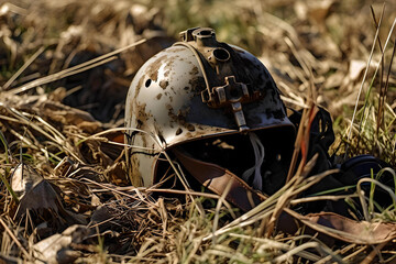 A soldier's helmet half buried in the battlefield. up close.