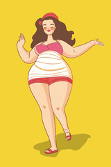Pretty chubby woman walking at the beach, wearing a swimsuit in summer. Overweight, curvy young girl feeling happy