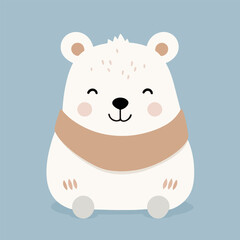 Cute happy cartoon polar bear wearing a scarf in winter. Adorable wild animal character sitting with eyes closed, design element