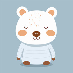Cute happy cartoon polar bear dressed in a sweater in winter. Adorable wild animal character wearing clothes, design element