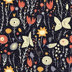 Flowers and butterflies in a seamless vector pattern. Nightlife of a meadow. Childish floral illustration of plants and insects at night