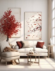 a living room with white couches and red leaves on the wall art is hung above the sofa in this space