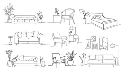 A collection of contemporary furniture and home furnishings. Continuous one line drawing. Vector illustration