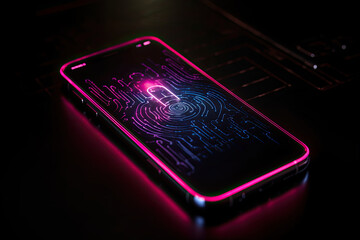 A black smartphone with a pink and blue neon glow and a fingerprint scanner on the screen on a black surface with a dark, blurred circuit board background