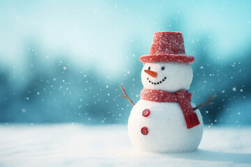 Fototapeta premium Cheerful snowman of snowdrifts on snow outdoors on nature in sunny day with copy space, flat lay. Christmas snowy backdrop background