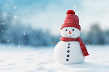 Cheerful snowman of snowdrifts on snow outdoors on nature in sunny day with copy space, flat lay. Christmas snowy backdrop background