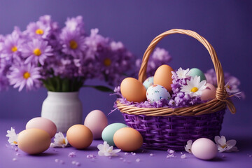 Fototapeta na wymiar Easter eggs in a basket and flowers