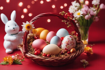 Fototapeta na wymiar Easter eggs in a basket and flowers