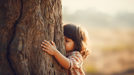 Nature lover, close up of child hands hugging tree with copy space - obrazy, fototapety, plakaty