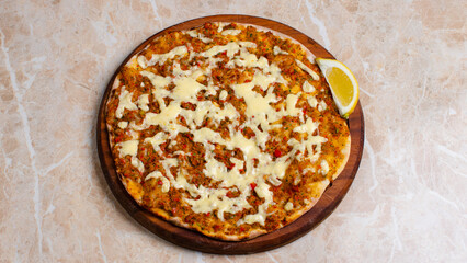 Spicy cheese lahmacun top view