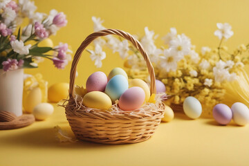 Easter eggs in a basket and flowers