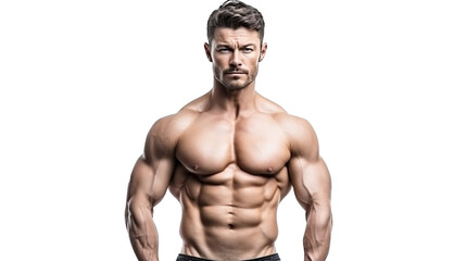 Fit and a handsome shirtless man with a beautiful torso. Strong and handsome, fit and sporty bodybuilder man. Man Fitness Model Torso showing six pack abs. Isolated on Transparent background.