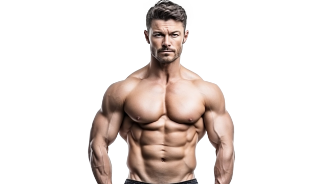 Fit and a handsome shirtless man with a beautiful torso. Strong and handsome, fit and sporty bodybuilder man. Man Fitness Model Torso showing six pack abs. Isolated on Transparent background.