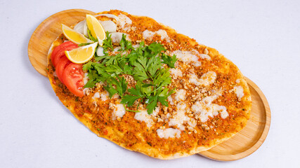 Cheese and walnut lahmacun top view isolated