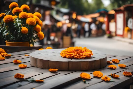 round grey wooden cosmetic podium composition with marigold flower in the street hyperrealistic materials