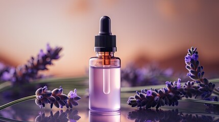 Bottle dropper mockup. A glass bottle with aromatic oil or serum with flowers near. Skin care...