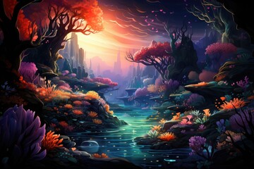 Obraz na płótnie Canvas Abstract illustration of deep sea river and light decorated with diverse and beautiful flora