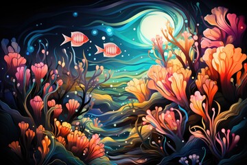 Fototapeta na wymiar Abstract illustration of deep sea river and light decorated with diverse and beautiful flora