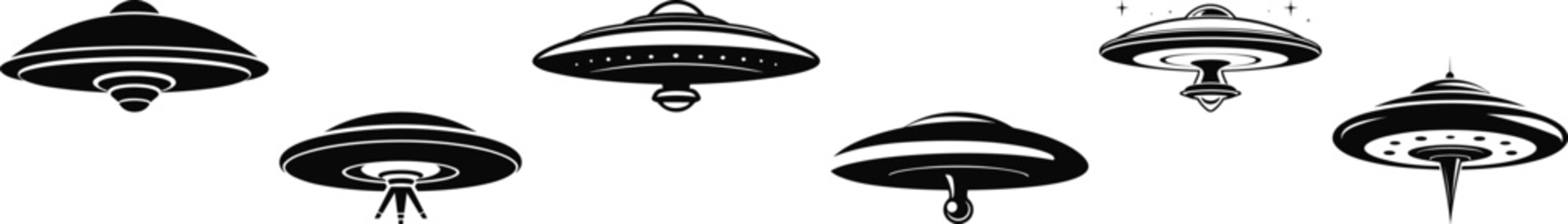 Ufo alien spacecraft black isolated silhouette vector collection