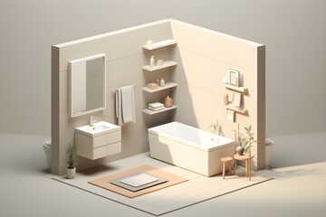 modern bathroom interior with tub and wooden stand sink, mirror, bath accessories, 3d rendering isometric model, modern minimalistic Nordic style in pastel colors