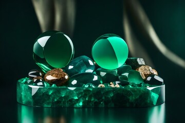round tinted glass rock cosmetic podium composition with malachite in the photo studio hyperrealistic materials