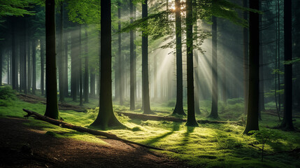 Rays of sunlight in a green forest in the morning - 642995597