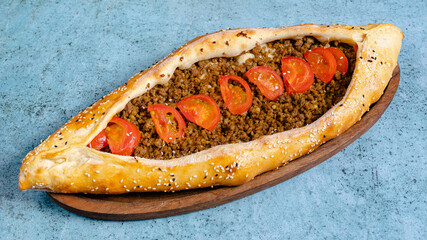 Minced meat pide top view isolated