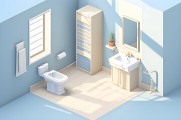 modern bathroom interior with tub and wooden stand sink, mirror, bath accessories, 3d rendering isometric model, modern minimalistic Nordic style in blue pastel colors