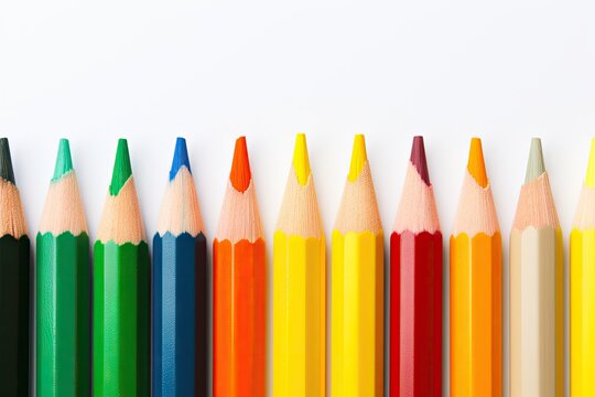 Six color pencils in a row two yellow one orange three green with white space in the middle for copywriting
