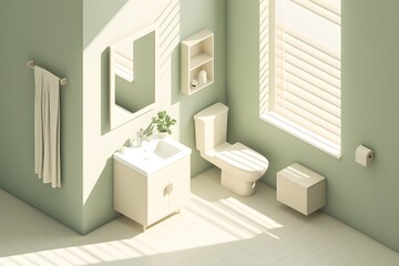 modern bathroom interior with tub and wooden stand sink, mirror, bath accessories, 3d rendering isometric model, modern minimalistic Nordic style in pastel green colors