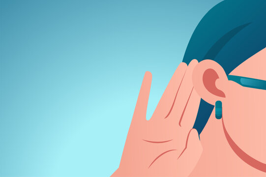 Vector of a woman holds her hand near ear and listens carefully isolated on blue