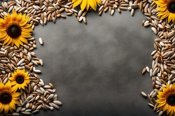 sunflower seeds composition flat lay with free space for copy grey paper background