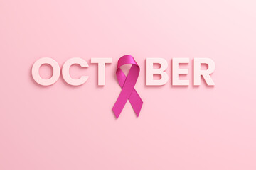 Pink ribbon and the word October on a pink background for the Breast Cancer Awareness Month and World Cancer Day. Flyer design template in 3D illustration
