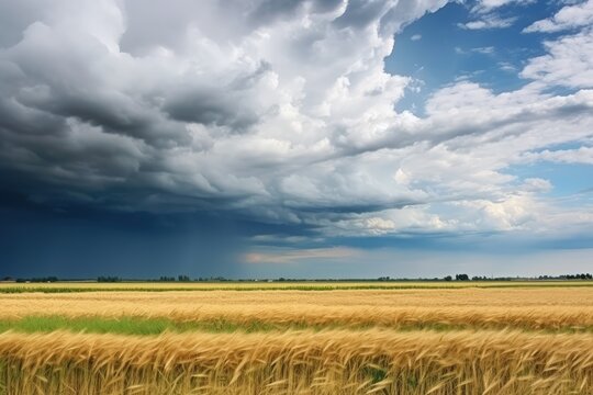 Summer rain falls heavily on a village as a gray cloud moves above a wheat filled agricultural field