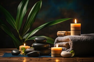 Fototapeta na wymiar The meditation concept involves placing aromatic candles, therapeutic massage stones, and soft towels on a bamboo mat in a spa setting.