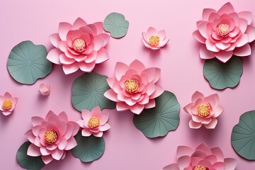 There are exquisite lotus flowers in full bloom placed on a pink background, arranged in a flat perspective. Ample space is available for adding text.