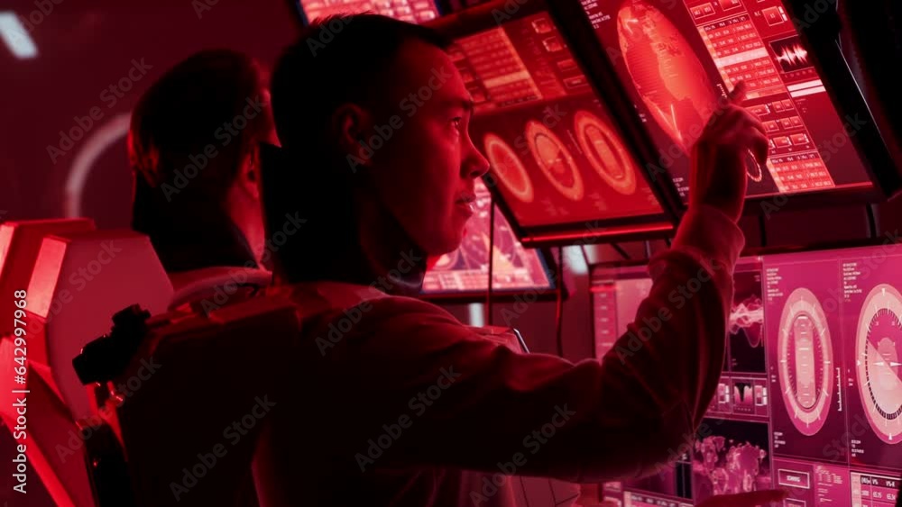 Wall mural team of astronauts in a space suits aboard the mars station. a crew of cosmonauts piloting the space