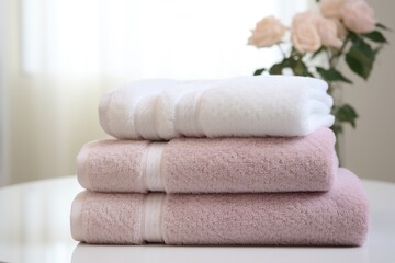 Fototapeta na wymiar Three plush bath towels are in a set alone A close up photo highlights the intricate woven terrycloth These brand new hand towels are made of soft luxurious hotel spa cotton and feat