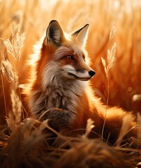 a red fox sitting in the middle of a wheat field, looking into the distance with its head tilted to the camera