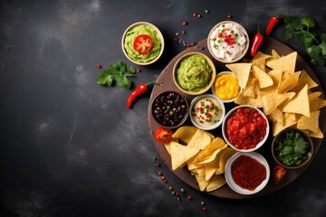 Top view of Mexican nachos chips with multiple sauces guacamole salsa cheese and sour cream displayed on a stone table with copy space - obrazy, fototapety, plakaty