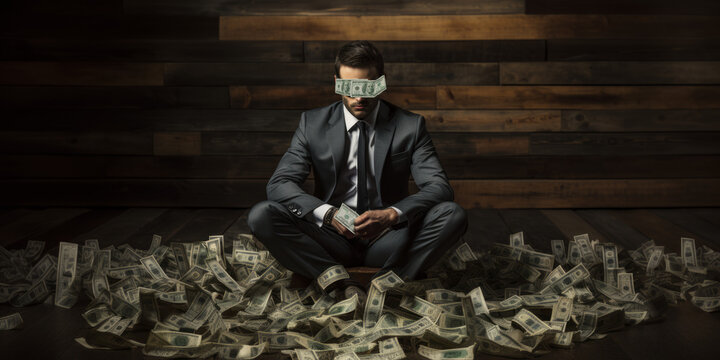 A businessman sitting on a pile of money. Blinded by money. Money blindfold. Corporate greed. Capitalism. Excess.