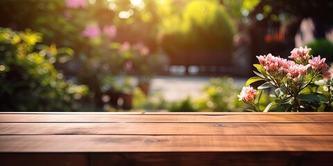 Fototapeta premium Wooden table set amidst nature beauty. Summer serenity. Vintage plank in blooming garden. Plant decorated with floral delights