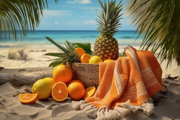 Tropical vacation concept portrayed by a sandy beach with a woven bag overflowing with fresh oranges pineapple and coconuts A linen beach towel with fringe embellishments adds to the