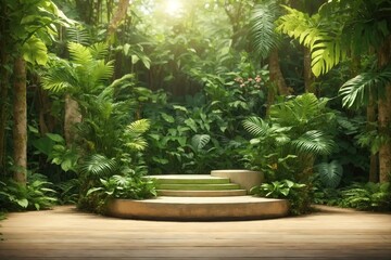 Podium pedestal in tropical forest garden green background. ai generative