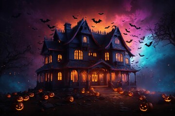 Fototapeta na wymiar Halloween house with bats symbolizing destruction. ai generative