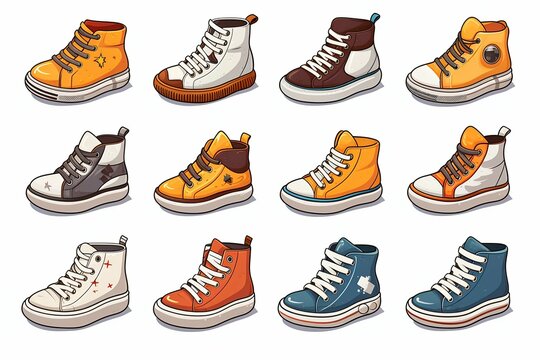 Collection of Cartoon Colored Sneakers on White Background. Generative AI.
