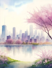 Spring watercolor city view background