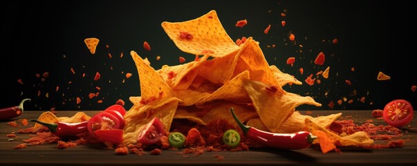 Pile of doritos with chilli on a dark background. Generative AI.